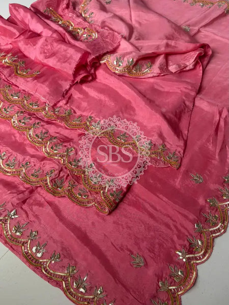PURE UPADA SILK KACHII GOTA PATTI SAREE Pink / Free Size