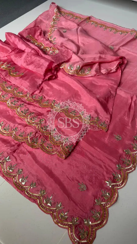 PURE UPADA SILK KACHII GOTA PATTI SAREE Pink / Free Size