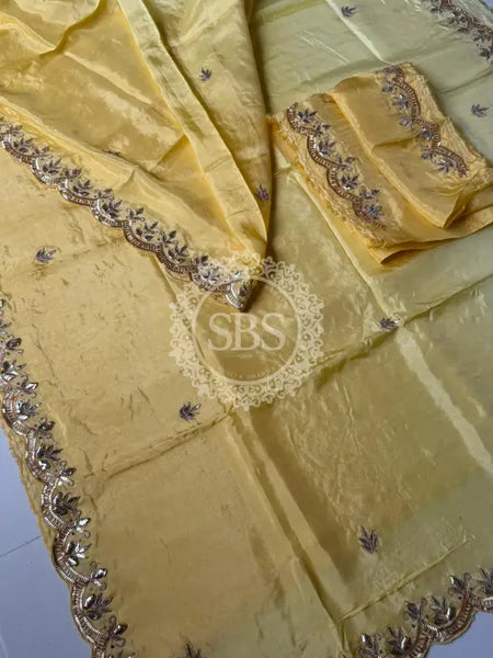 PURE UPADA SILK KACHII GOTA PATTI SAREE Yellow / Free Size