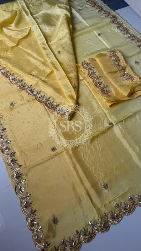 PURE UPADA SILK KACHII GOTA PATTI SAREE Yellow / Free Size