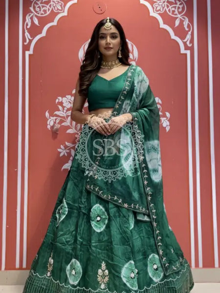 Pure Upada silk tie and die handwork Lehenga with pure organza dupatta