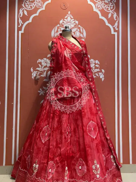 Pure Upada silk tie and die handwork Lehenga with pure organza dupatta Red / Free Size