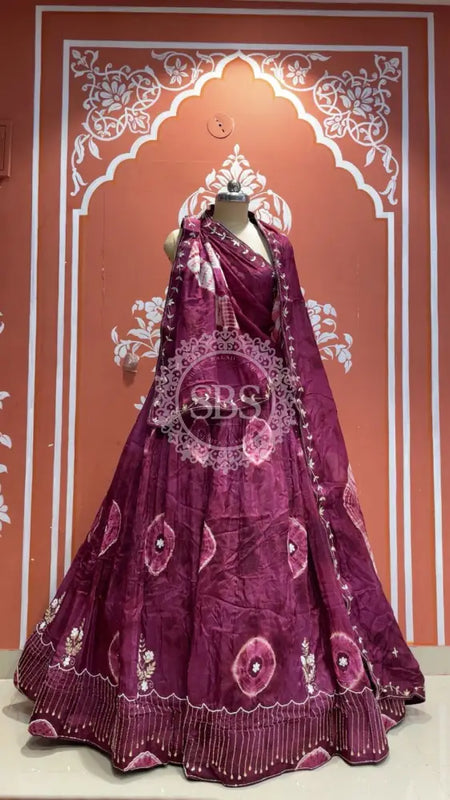 Pure Upada silk tie and die handwork Lehenga with pure organza dupatta Rich Purple / Free Size