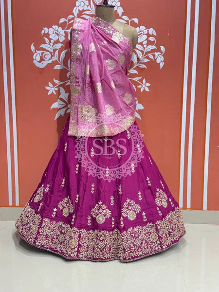 PURE UPADA SILK PURE ZARDOZI HANDWORK GOTA PATTI LEHENGA Purple & Pink / Free Size