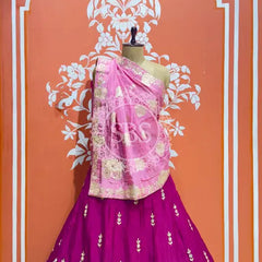 PURE UPADA SILK PURE ZARDOZI HANDWORK GOTA PATTI LEHENGA Purple & Pink / Free Size