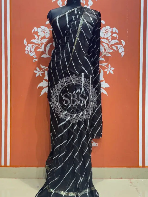 PURE VISCOS GEORGETTE LEHERIYA SAREE Black / Free Size