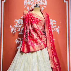 PURE VISCOS KHADDI GEORGETTE DUPATTA WITH TISSUE LEHENGA Rani Pink