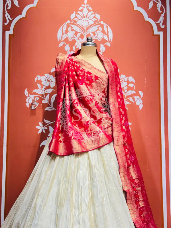 PURE VISCOS KHADDI GEORGETTE DUPATTA WITH TISSUE LEHENGA Rani Pink