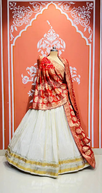 PURE VISCOS KHADDI GEORGETTE DUPATTA WITH TISSUE LEHENGA Red