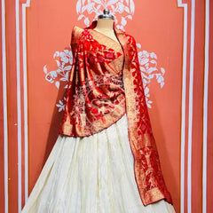 PURE VISCOS KHADDI GEORGETTE DUPATTA WITH TISSUE LEHENGA Red