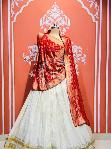 PURE VISCOS KHADDI GEORGETTE DUPATTA WITH TISSUE LEHENGA Red
