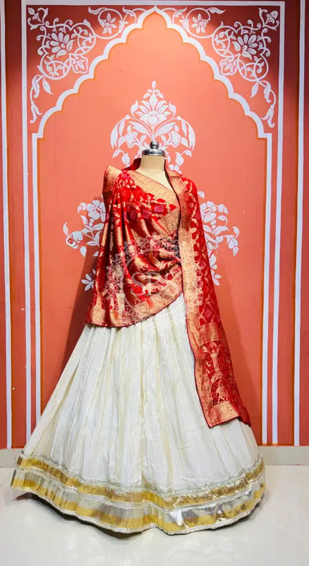 PURE VISCOS KHADDI GEORGETTE DUPATTA WITH TISSUE LEHENGA Red