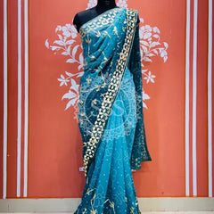 ROYAL GEORGETTE KACHI PATTI SAREE Blue / Free Size