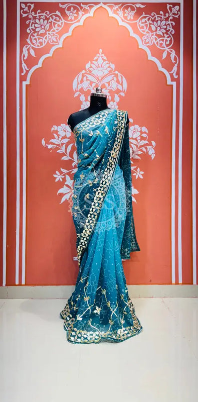 ROYAL GEORGETTE KACHI PATTI SAREE Blue / Free Size
