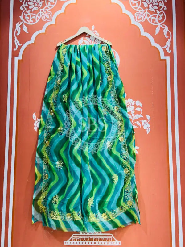 ROYAL GEORGETTE KACHI PATTI SAREE Blue Green / Free Size