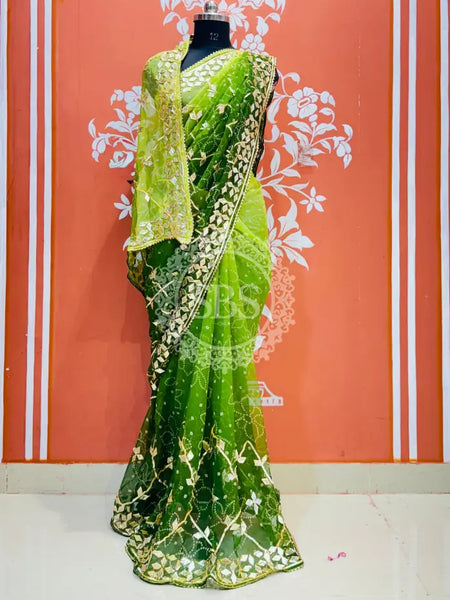 ROYAL GEORGETTE KACHI PATTI SAREE Green / Free Size