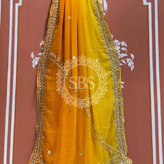 ROYAL GEORGETTE KACHI PATTI SAREE Mustard / Free Size