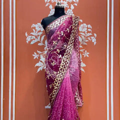 ROYAL GEORGETTE KACHI PATTI SAREE Purple / Free Size
