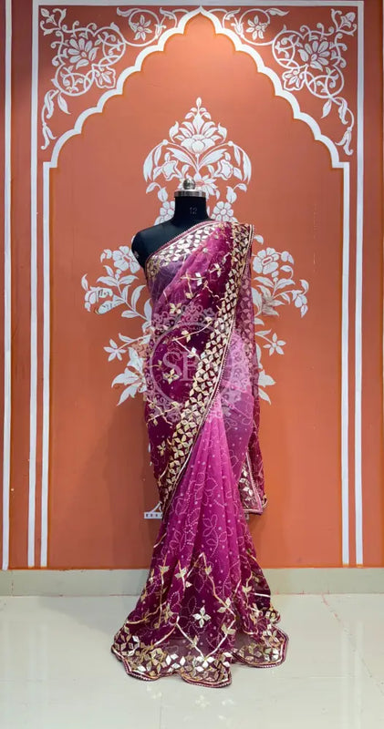 ROYAL GEORGETTE KACHI PATTI SAREE Purple / Free Size