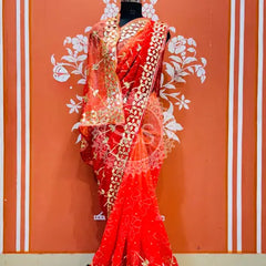 ROYAL GEORGETTE KACHI PATTI SAREE Red / Free Size