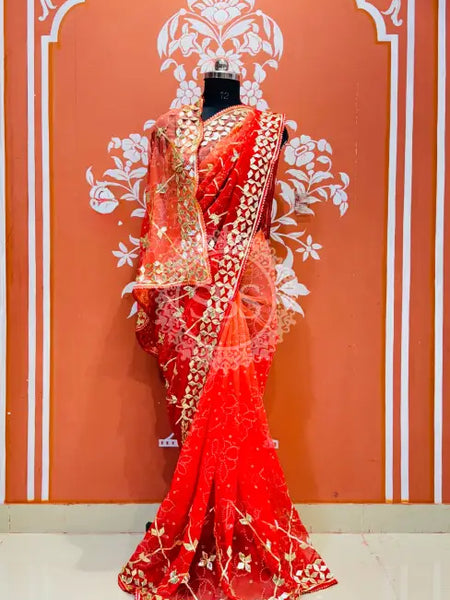 ROYAL GEORGETTE KACHI PATTI SAREE Red / Free Size