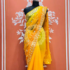 ROYAL GEORGETTE KACHI PATTI SAREE Yellow / Free Size