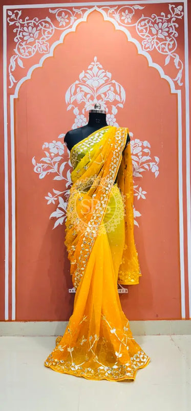 ROYAL GEORGETTE KACHI PATTI SAREE Yellow / Free Size