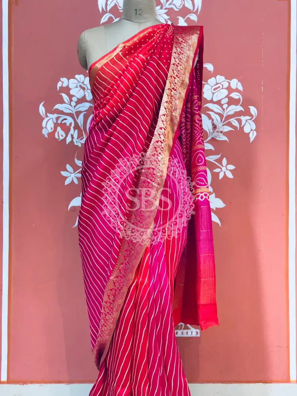 RUSSIAN SILK LEHERIYA SAREE Pink / Free Size