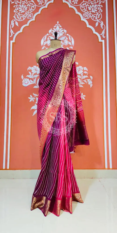 RUSSIAN SILK LEHERIYA SAREE Purple / Free Size