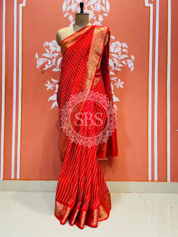 RUSSIAN SILK LEHERIYA SAREE Red / Free Size
