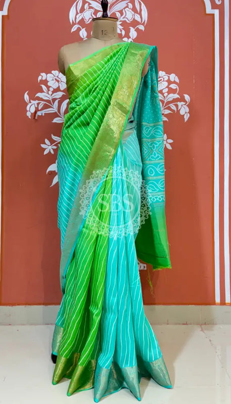 RUSSIAN SILK LEHERIYA SAREE Sky Blue / Free Size