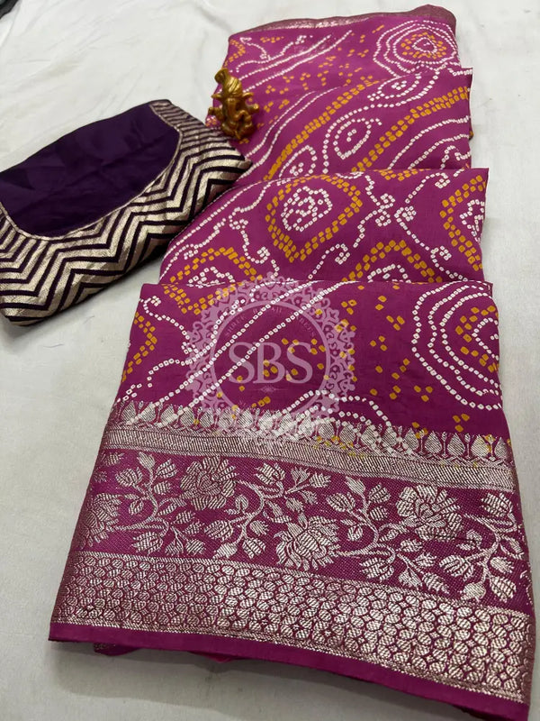 RUSSIAN SILK ZARI LEHERIYA BHANDEJ SAREE