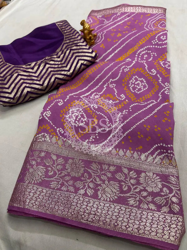 RUSSIAN SILK ZARI LEHERIYA BHANDEJ SAREE