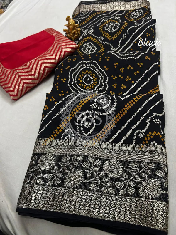 RUSSIAN SILK ZARI LEHERIYA BHANDEJ SAREE