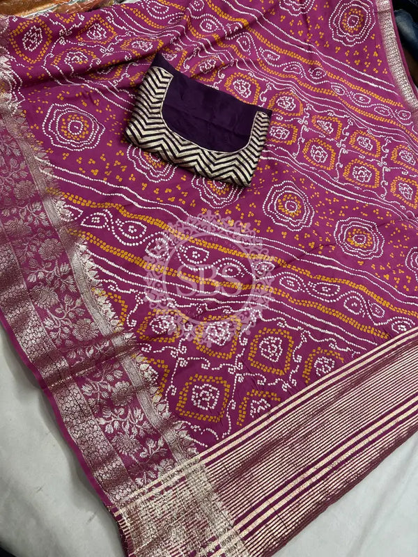 RUSSIAN SILK ZARI LEHERIYA BHANDEJ SAREE