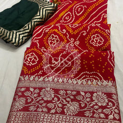 RUSSIAN SILK ZARI LEHERIYA BHANDEJ SAREE