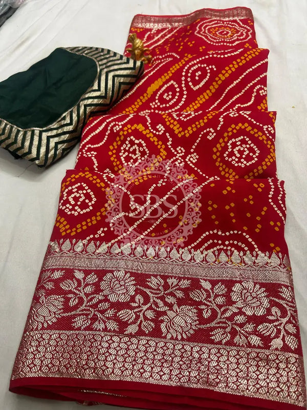 RUSSIAN SILK ZARI LEHERIYA BHANDEJ SAREE