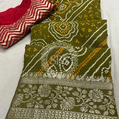 RUSSIAN SILK ZARI LEHERIYA BHANDEJ SAREE