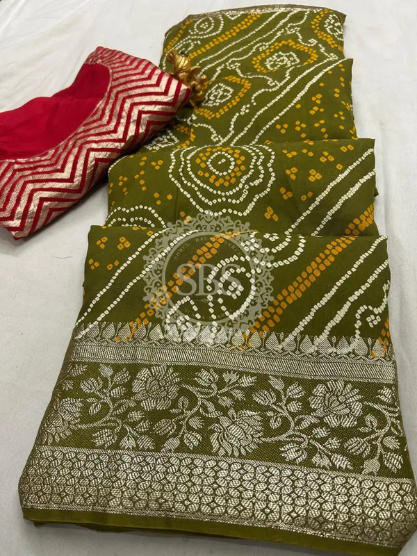 RUSSIAN SILK ZARI LEHERIYA BHANDEJ SAREE