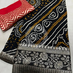 RUSSIAN SILK ZARI LEHERIYA BHANDEJ SAREE Black / Free Size