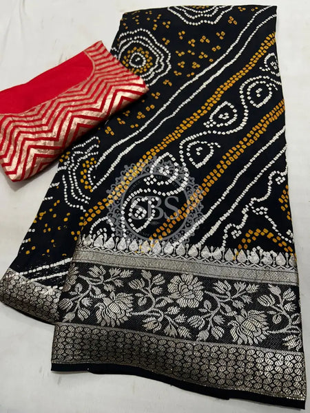 RUSSIAN SILK ZARI LEHERIYA BHANDEJ SAREE Black / Free Size