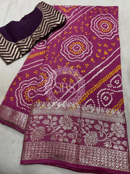 RUSSIAN SILK ZARI LEHERIYA BHANDEJ SAREE Dark Pink / Free Size