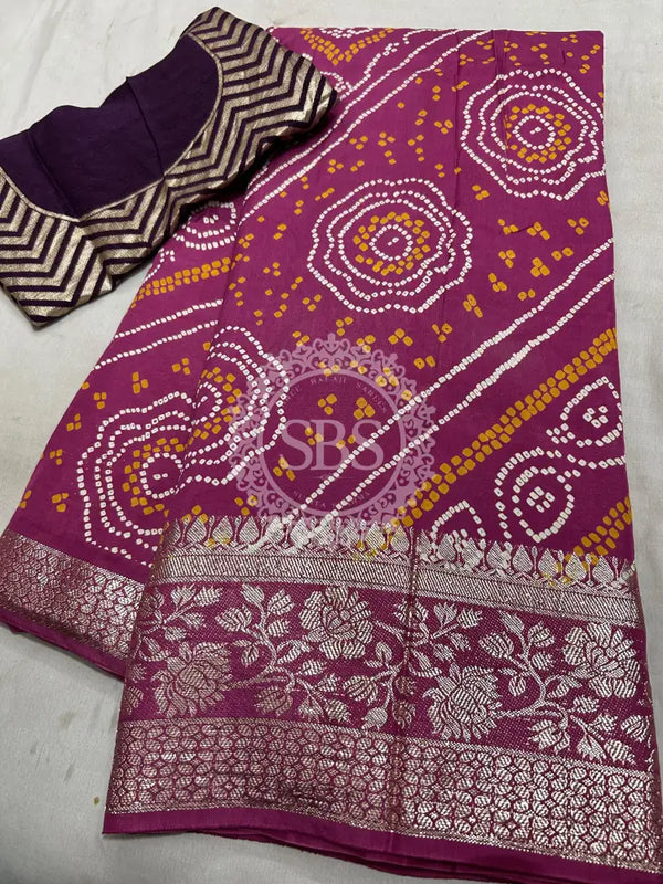 RUSSIAN SILK ZARI LEHERIYA BHANDEJ SAREE Dark Pink / Free Size
