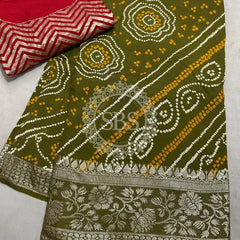 RUSSIAN SILK ZARI LEHERIYA BHANDEJ SAREE Green / Free Size