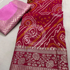 RUSSIAN SILK ZARI LEHERIYA BHANDEJ SAREE Maroon / Free Size