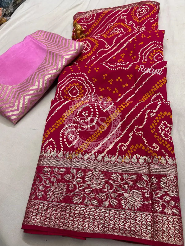 RUSSIAN SILK ZARI LEHERIYA BHANDEJ SAREE Maroon / Free Size