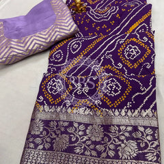 RUSSIAN SILK ZARI LEHERIYA BHANDEJ SAREE Purple / Free Size