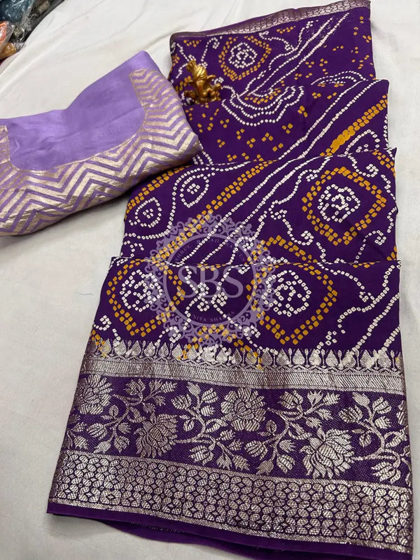 RUSSIAN SILK ZARI LEHERIYA BHANDEJ SAREE Purple / Free Size