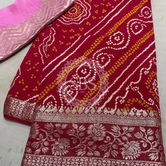 RUSSIAN SILK ZARI LEHERIYA BHANDEJ SAREE Red / Free Size