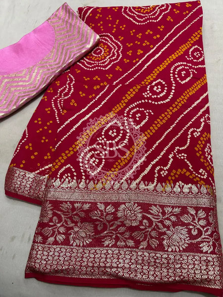 RUSSIAN SILK ZARI LEHERIYA BHANDEJ SAREE Red / Free Size